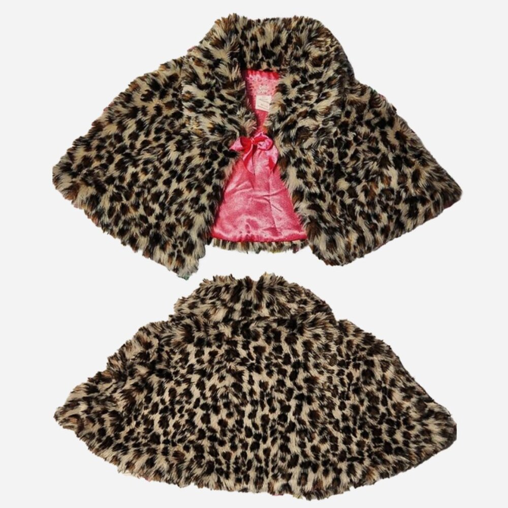 Leopard Faux Fur Cape Shrug with Pink Satin Lining – Size M-XL